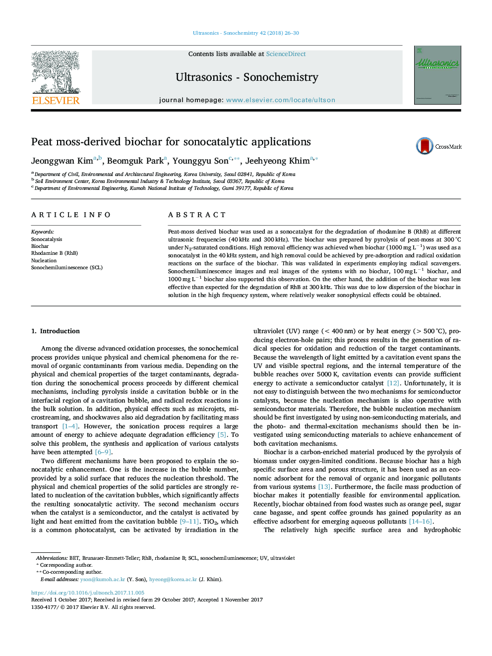 Peat moss-derived biochar for sonocatalytic applications
