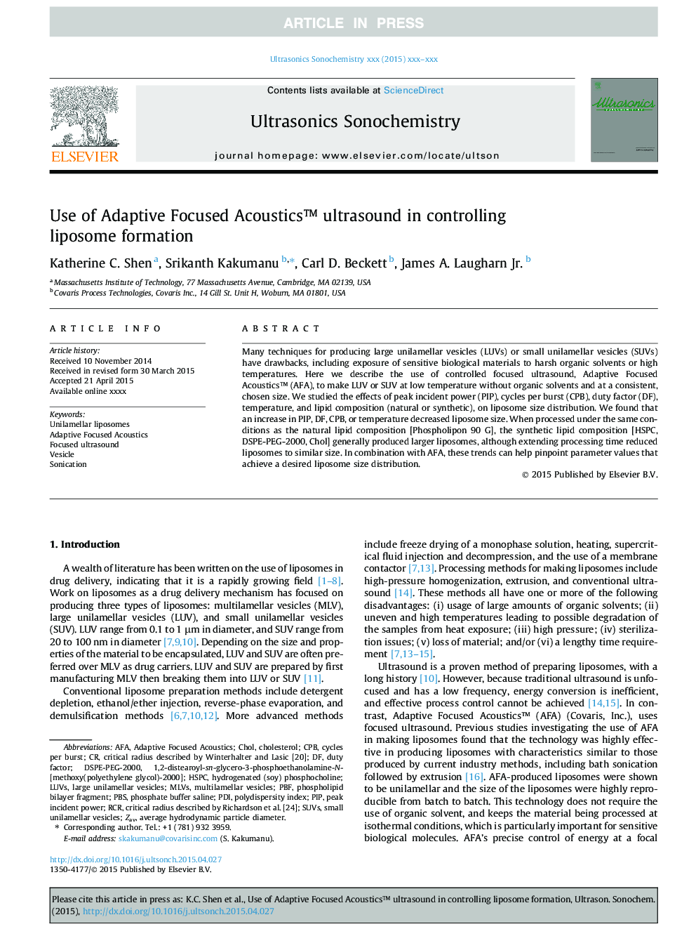 Use of Adaptive Focused Acousticsâ¢ ultrasound in controlling liposome formation