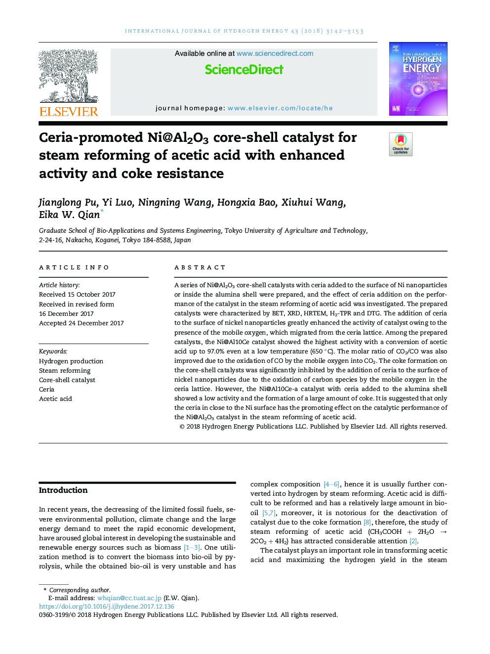 Ceria-promoted Ni@Al2O3 core-shell catalyst for steam reforming of acetic acid with enhanced activity and coke resistance