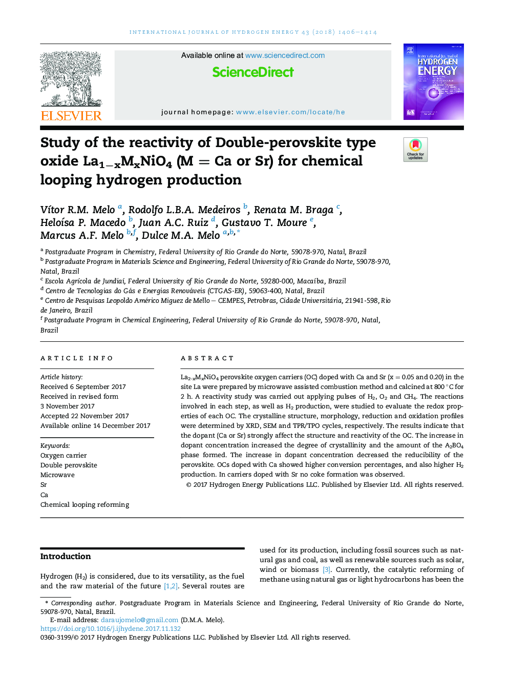 Study of the reactivity of Double-perovskite type oxide La1âxMxNiO4 (MÂ =Â Ca or Sr) for chemical looping hydrogen production