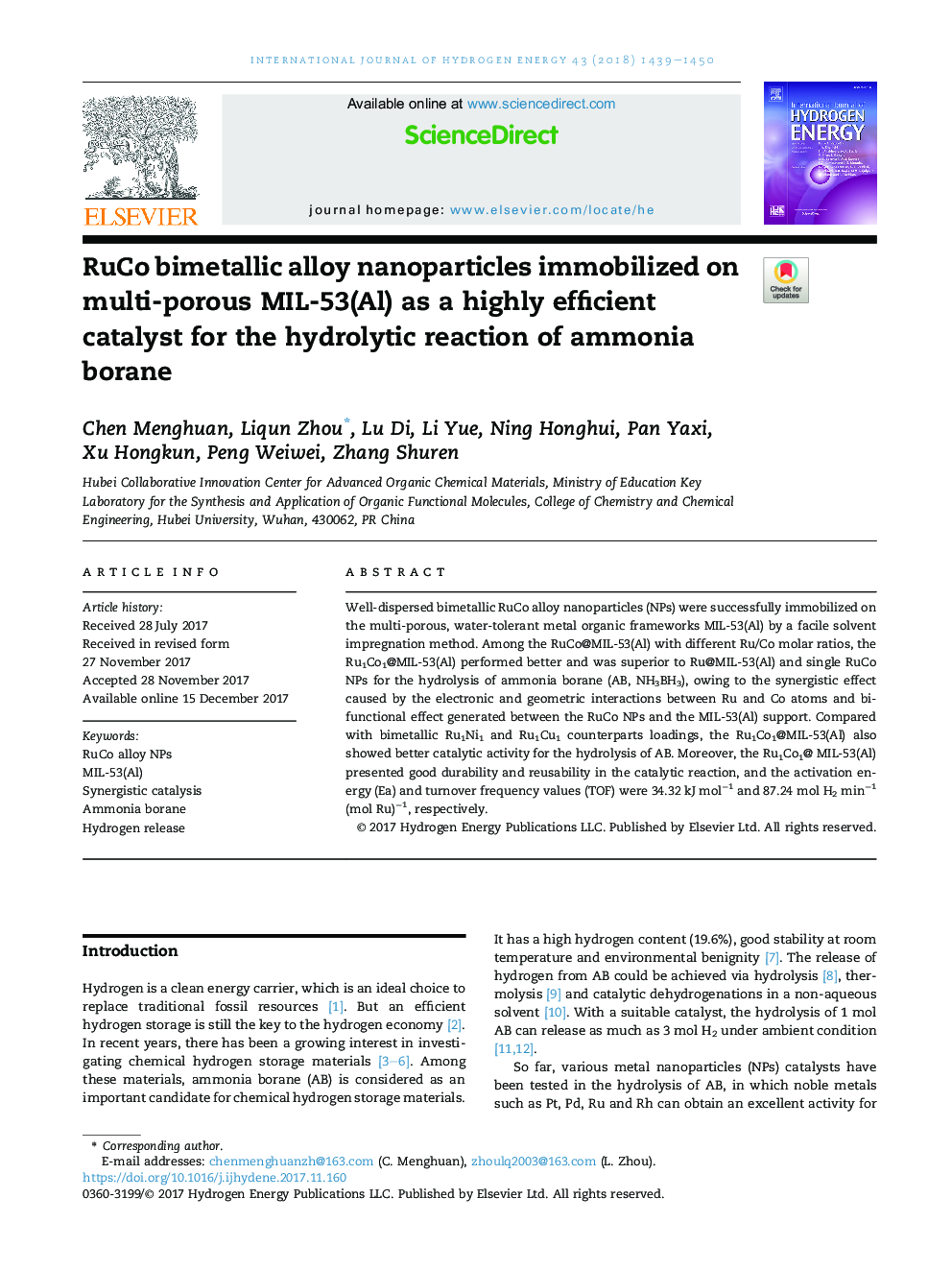 RuCo bimetallic alloy nanoparticles immobilized on multi-porous MIL-53(Al) as a highly efficient catalyst for the hydrolytic reaction of ammonia borane