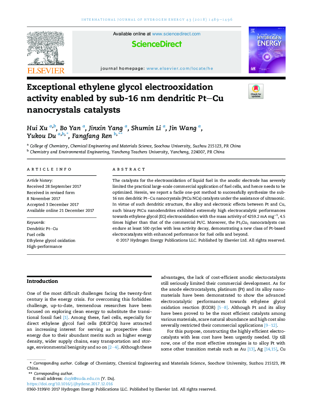 Exceptional ethylene glycol electrooxidation activity enabled by sub-16Â nm dendritic Pt-Cu nanocrystals catalysts