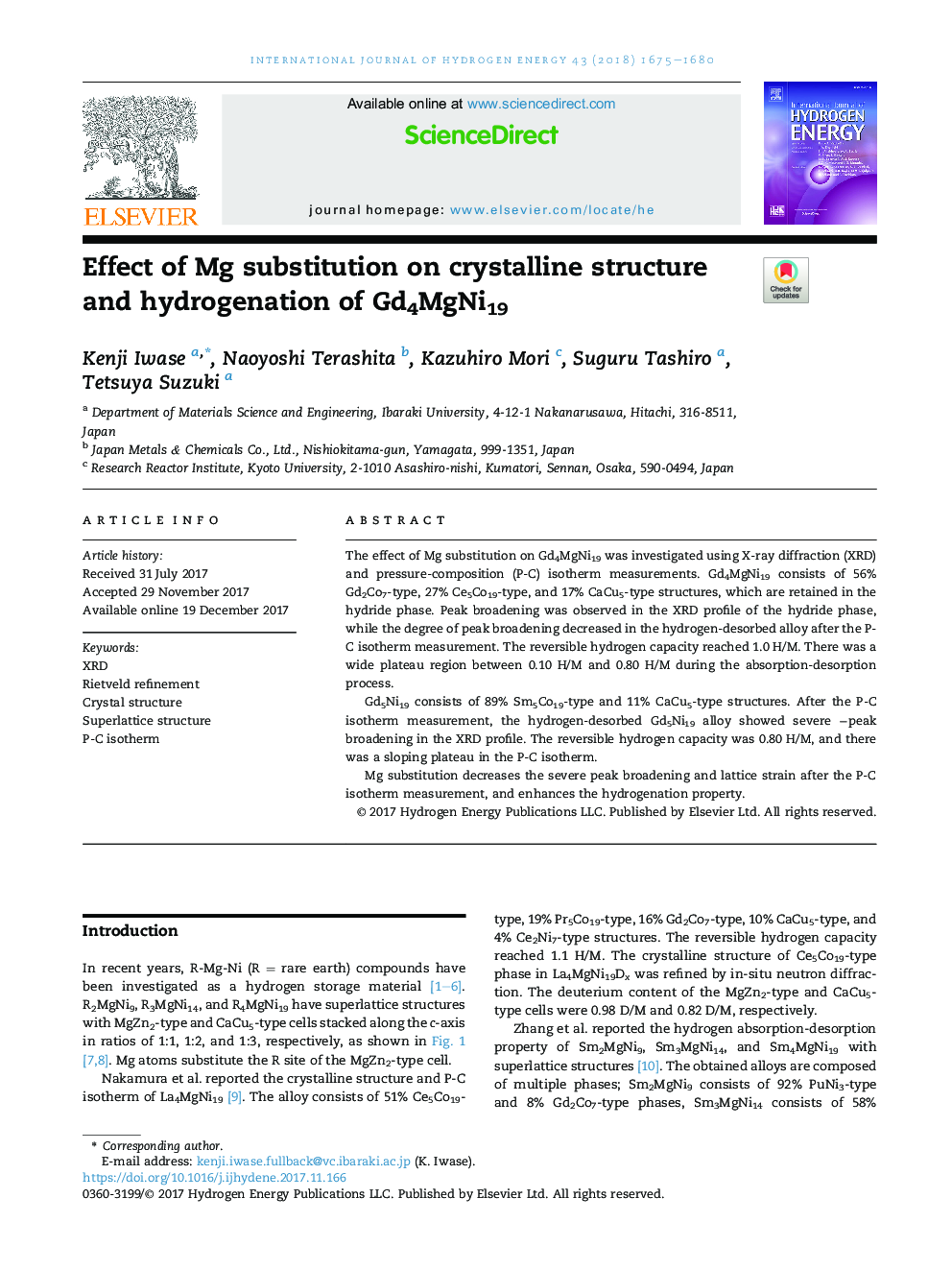 Effect of Mg substitution on crystalline structure and hydrogenation of Gd4MgNi19