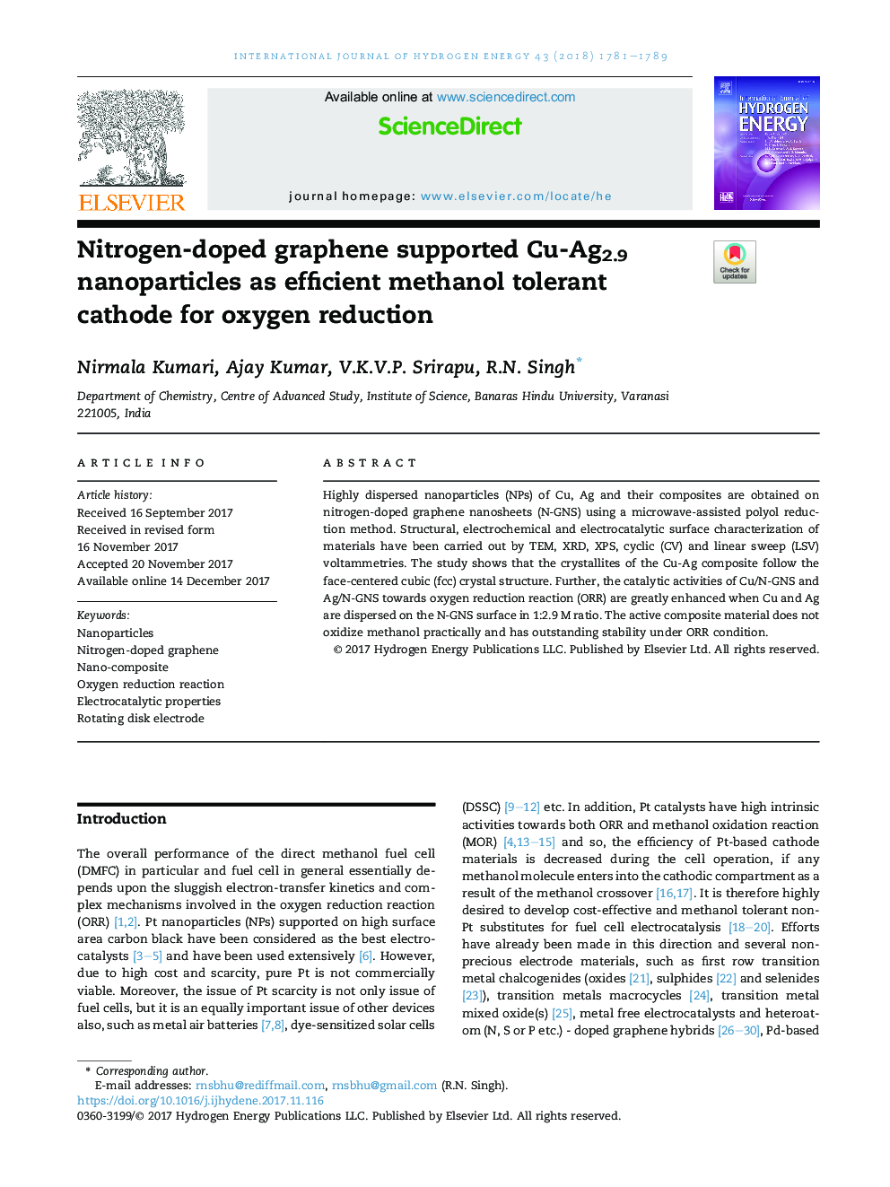 Nitrogen-doped graphene supported Cu-Ag2.9 nanoparticles as efficient methanol tolerant cathode for oxygen reduction