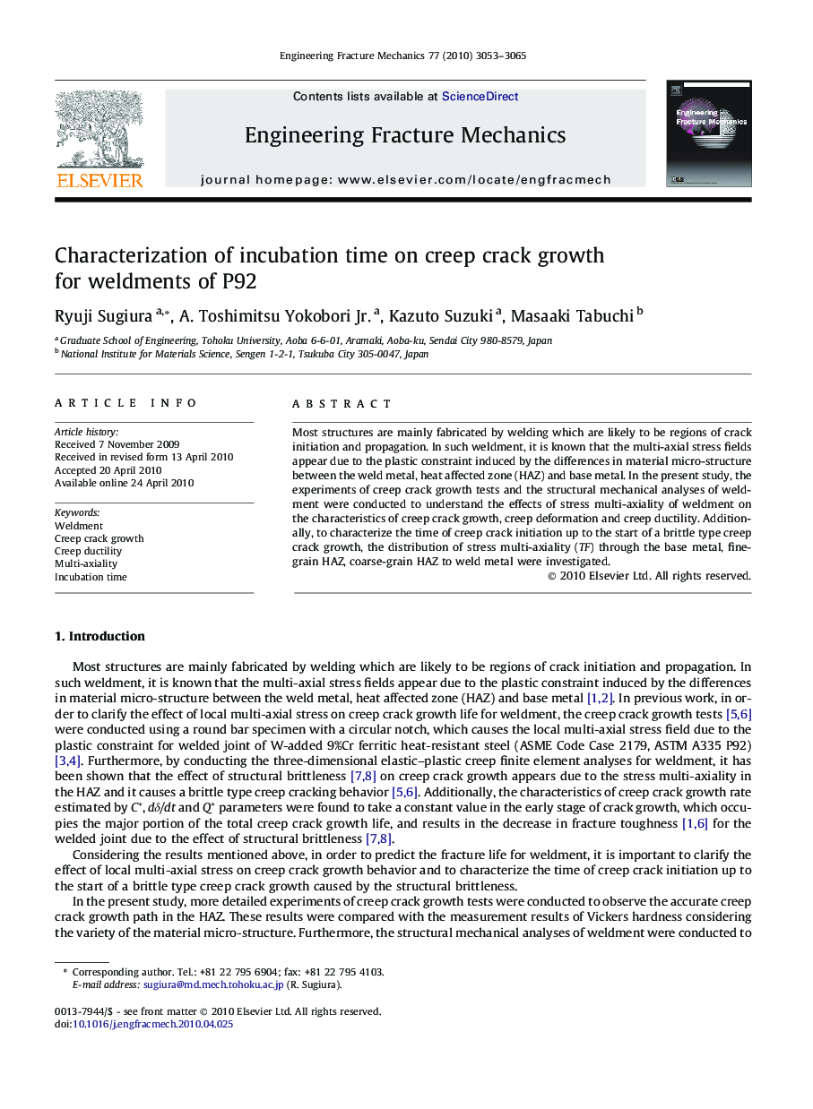 Characterization of incubation time on creep crack growth for weldments of P92