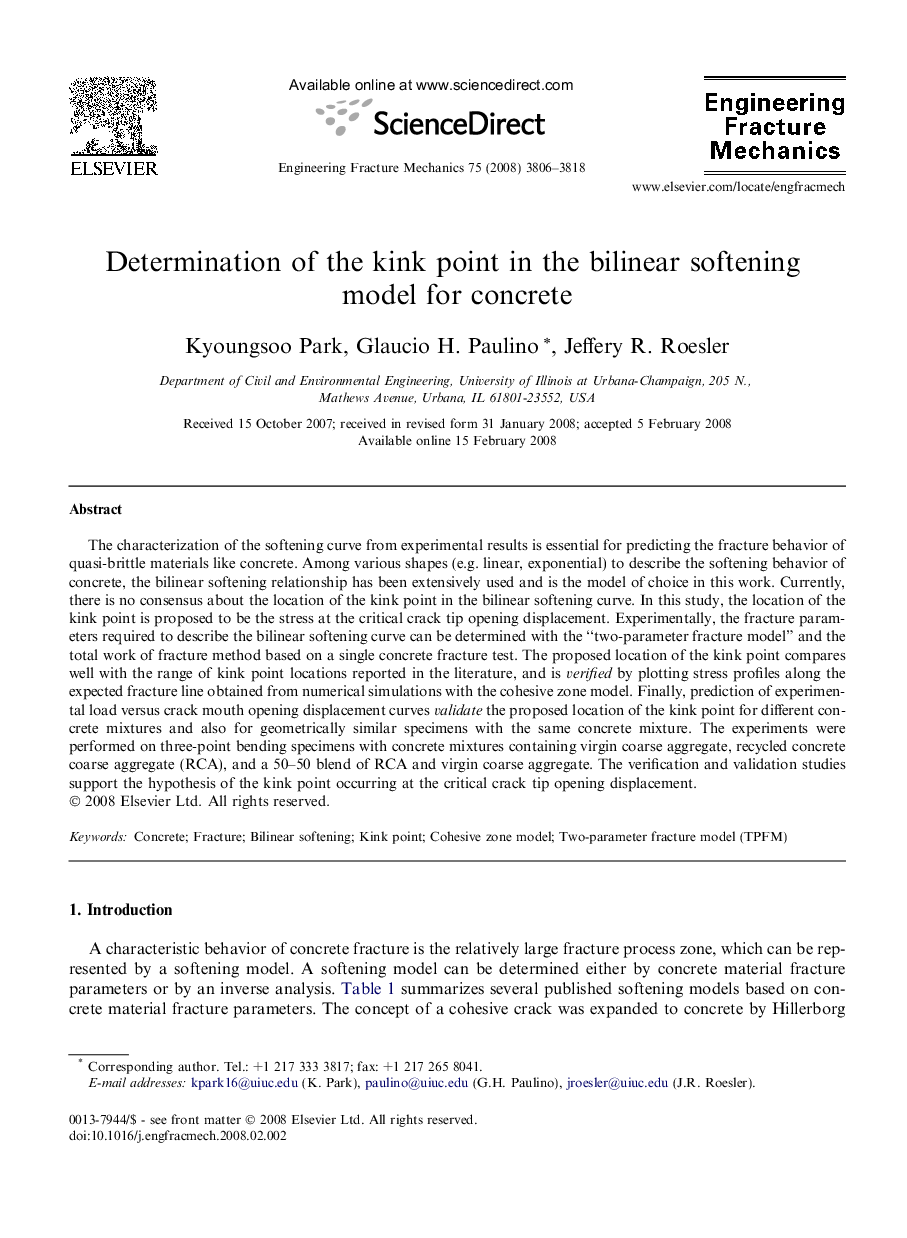 Determination of the kink point in the bilinear softening model for concrete