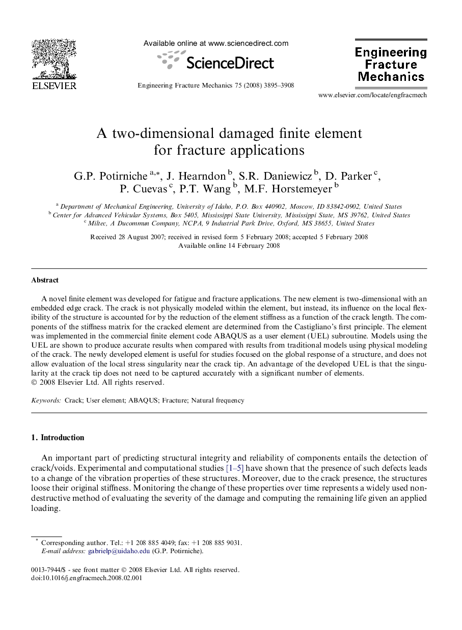 A two-dimensional damaged finite element for fracture applications