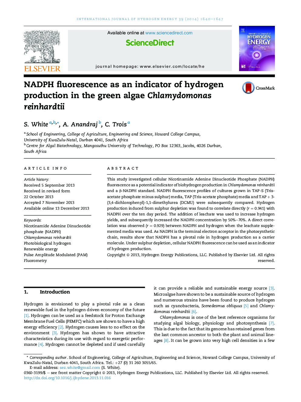 NADPH fluorescence as an indicator of hydrogen production in the green algae Chlamydomonas reinhardtii