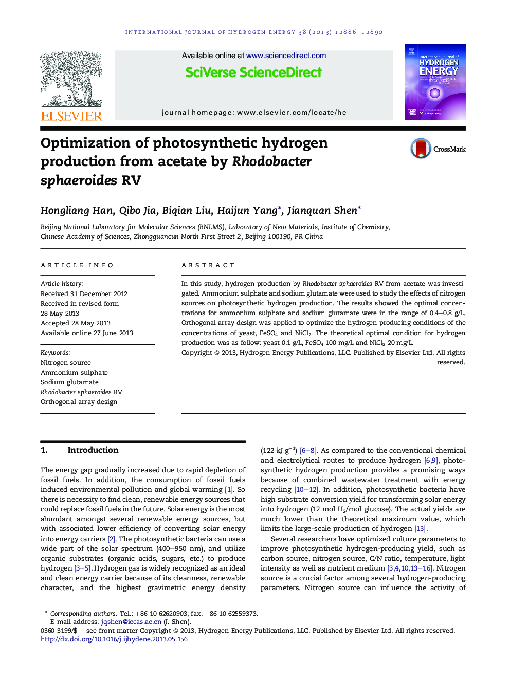 Optimization of photosynthetic hydrogen production from acetate by Rhodobacter sphaeroides RV