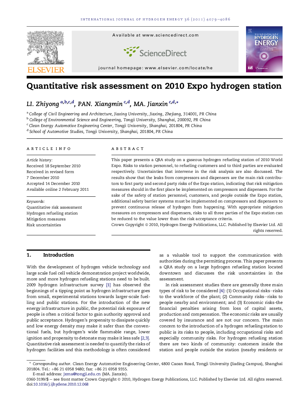 Quantitative risk assessment on 2010 Expo hydrogen station