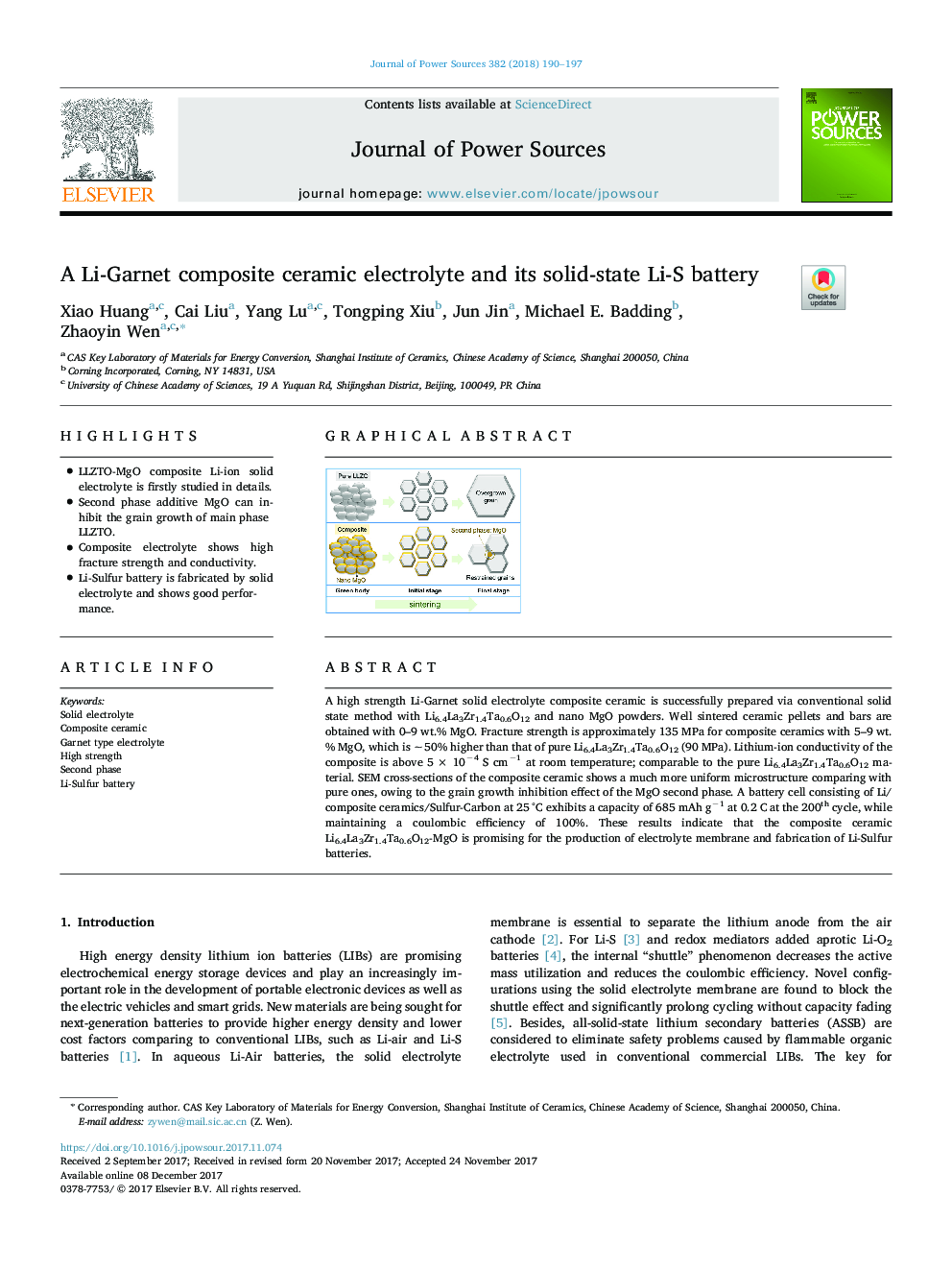 A Li-Garnet composite ceramic electrolyte and its solid-state Li-S battery