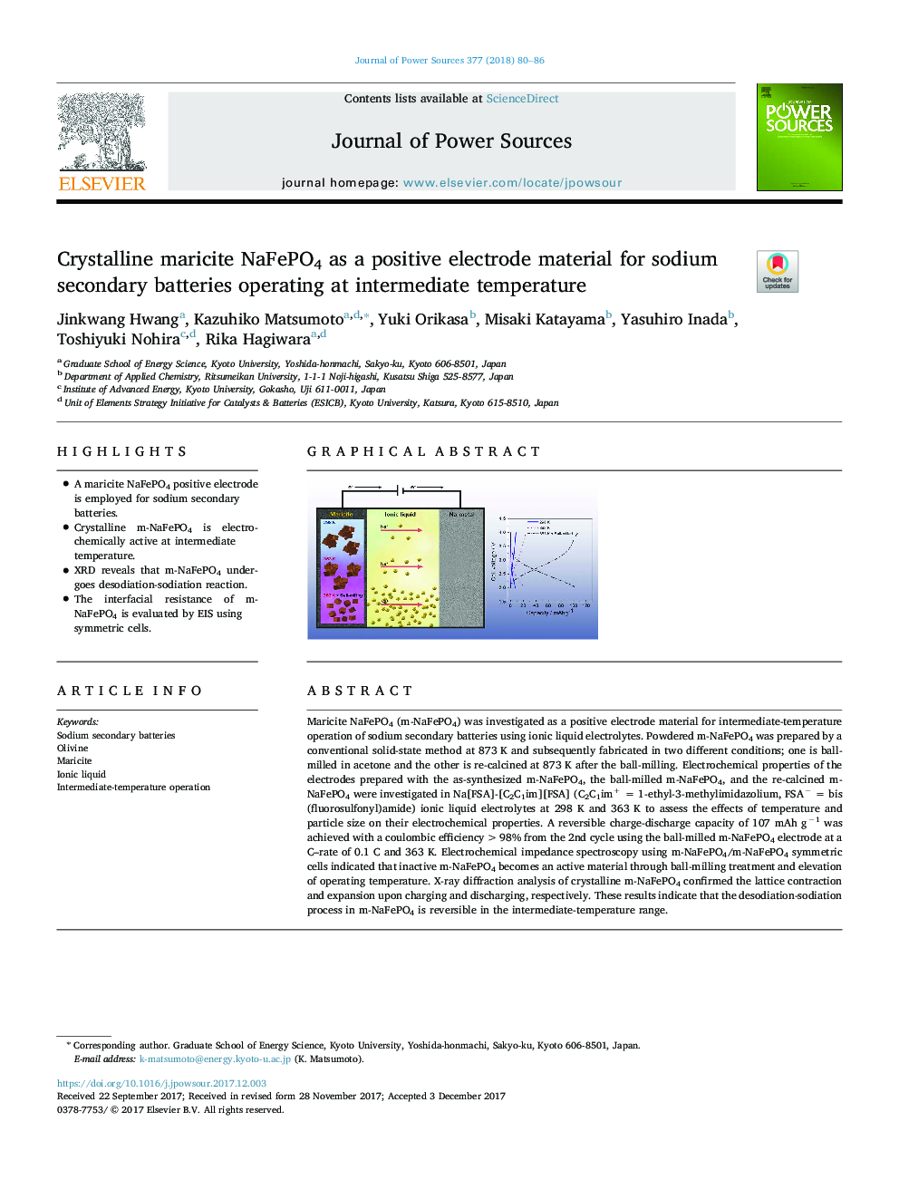 Crystalline maricite NaFePO4 as a positive electrode material for sodium secondary batteries operating at intermediate temperature