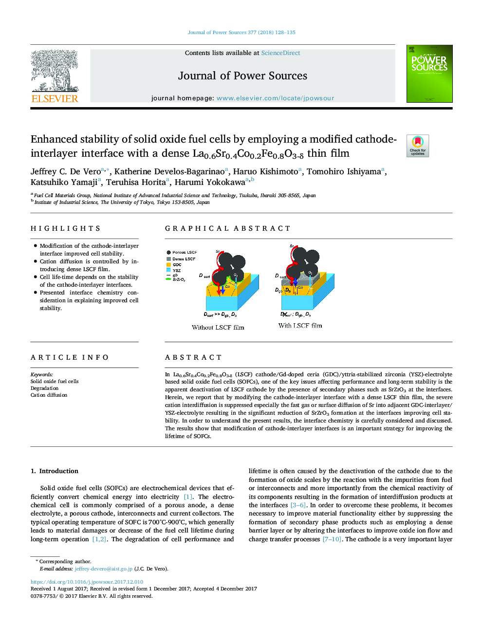 Enhanced stability of solid oxide fuel cells by employing a modified cathode-interlayer interface with a dense La0.6Sr0.4Co0.2Fe0.8O3-Î´ thin film