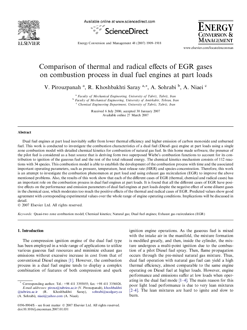 Comparison of thermal and radical effects of EGR gases on combustion process in dual fuel engines at part loads