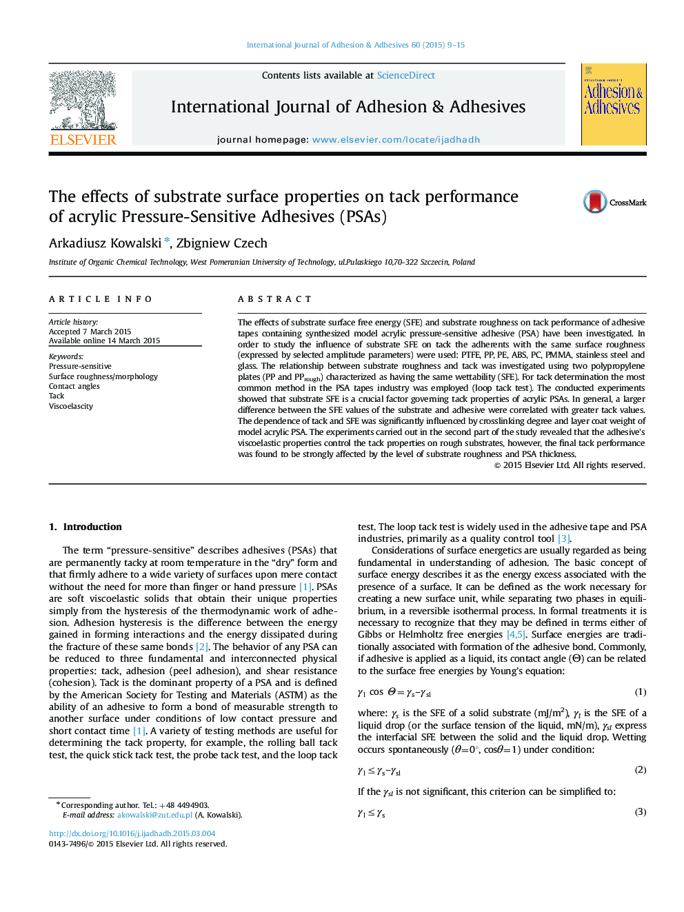 The effects of substrate surface properties on tack performance of acrylic Pressure-Sensitive Adhesives (PSAs)