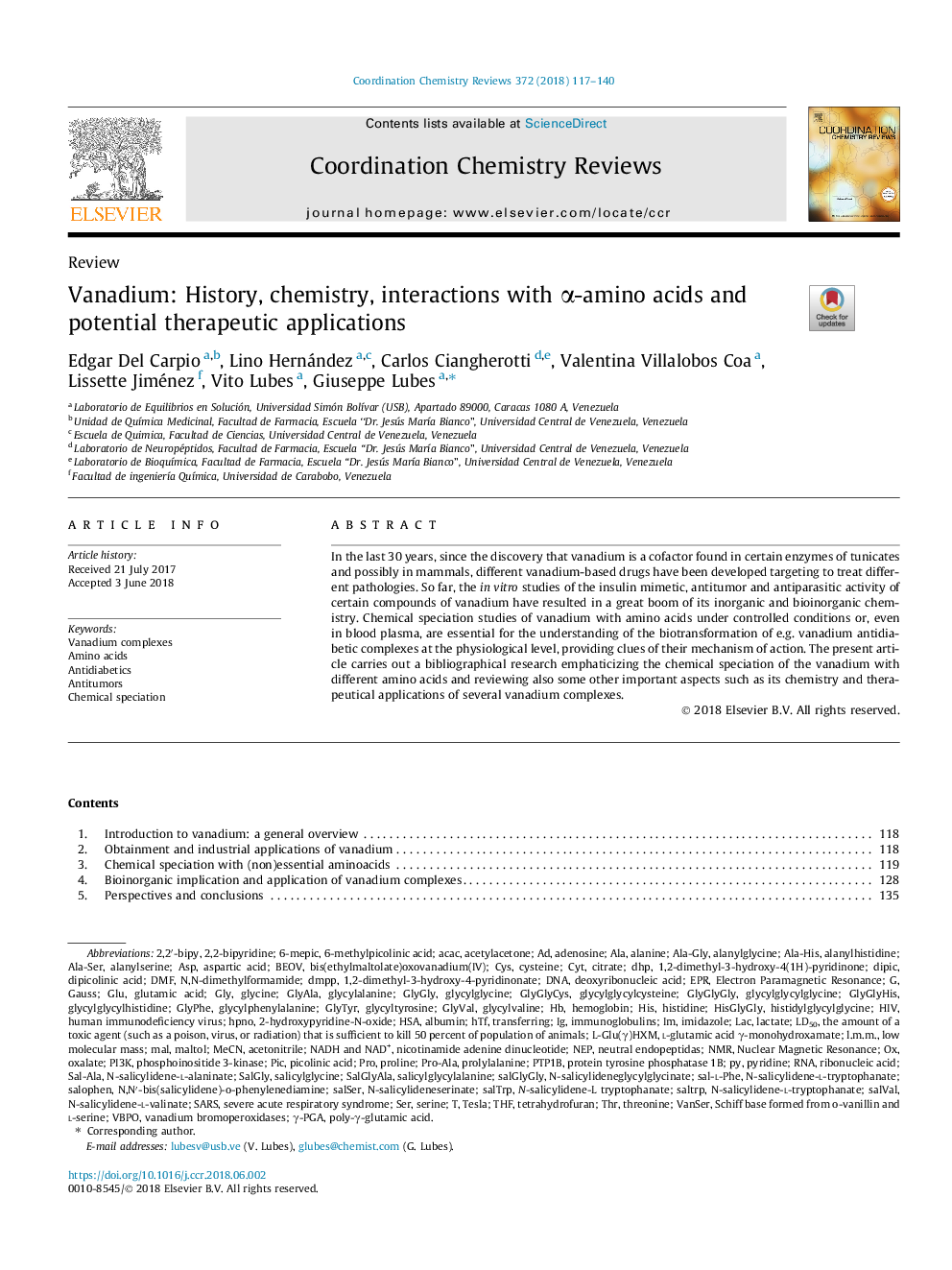 Vanadium: History, chemistry, interactions with Î±-amino acids and potential therapeutic applications