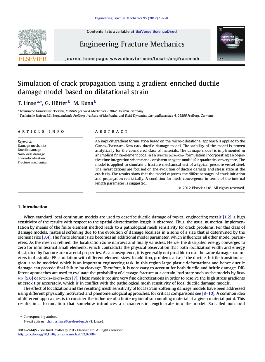 Simulation of crack propagation using a gradient-enriched ductile damage model based on dilatational strain