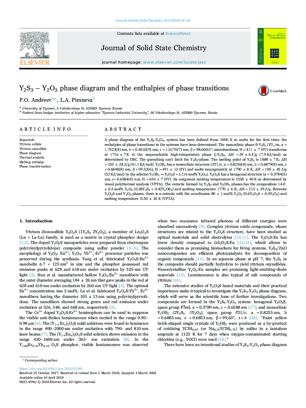 Y2S3 - Y2O3 phase diagram and the enthalpies of phase transitions