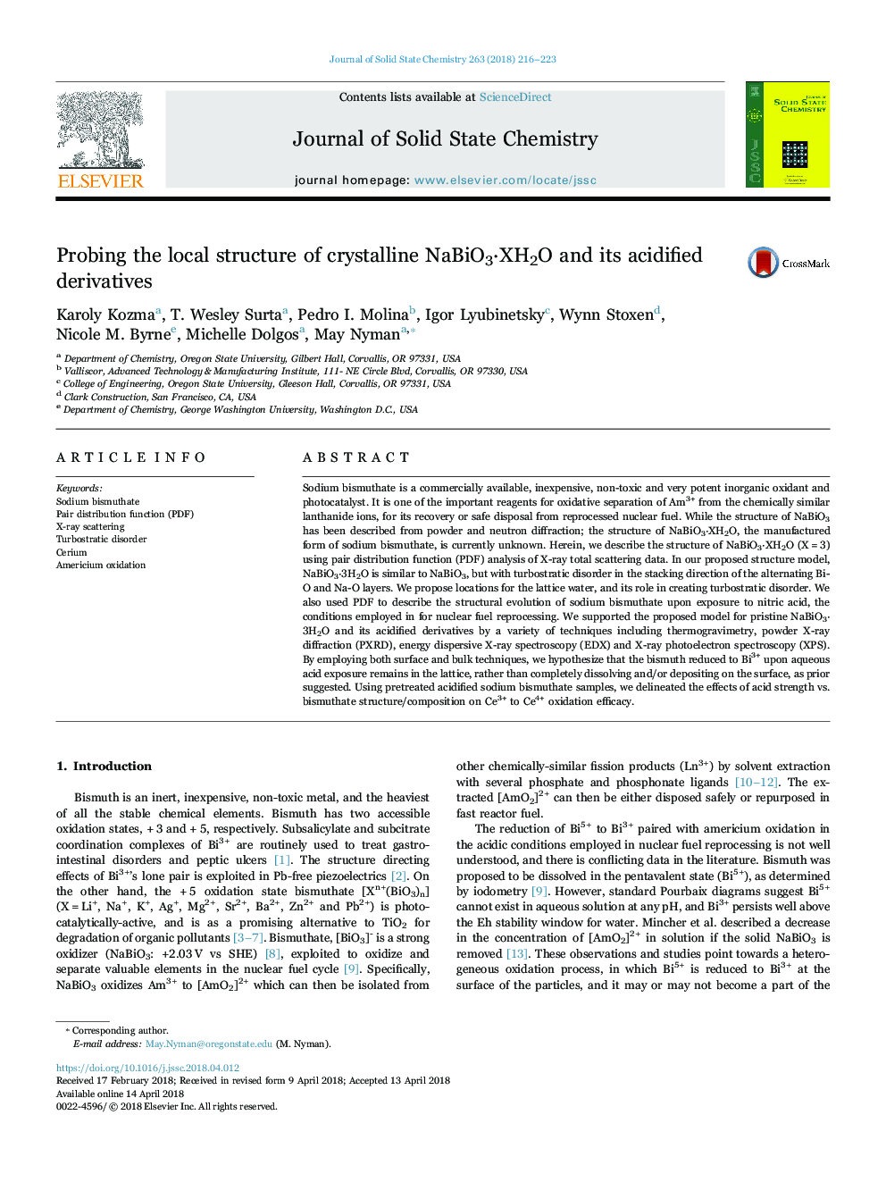 Probing the local structure of crystalline NaBiO3Â·XH2O and its acidified derivatives