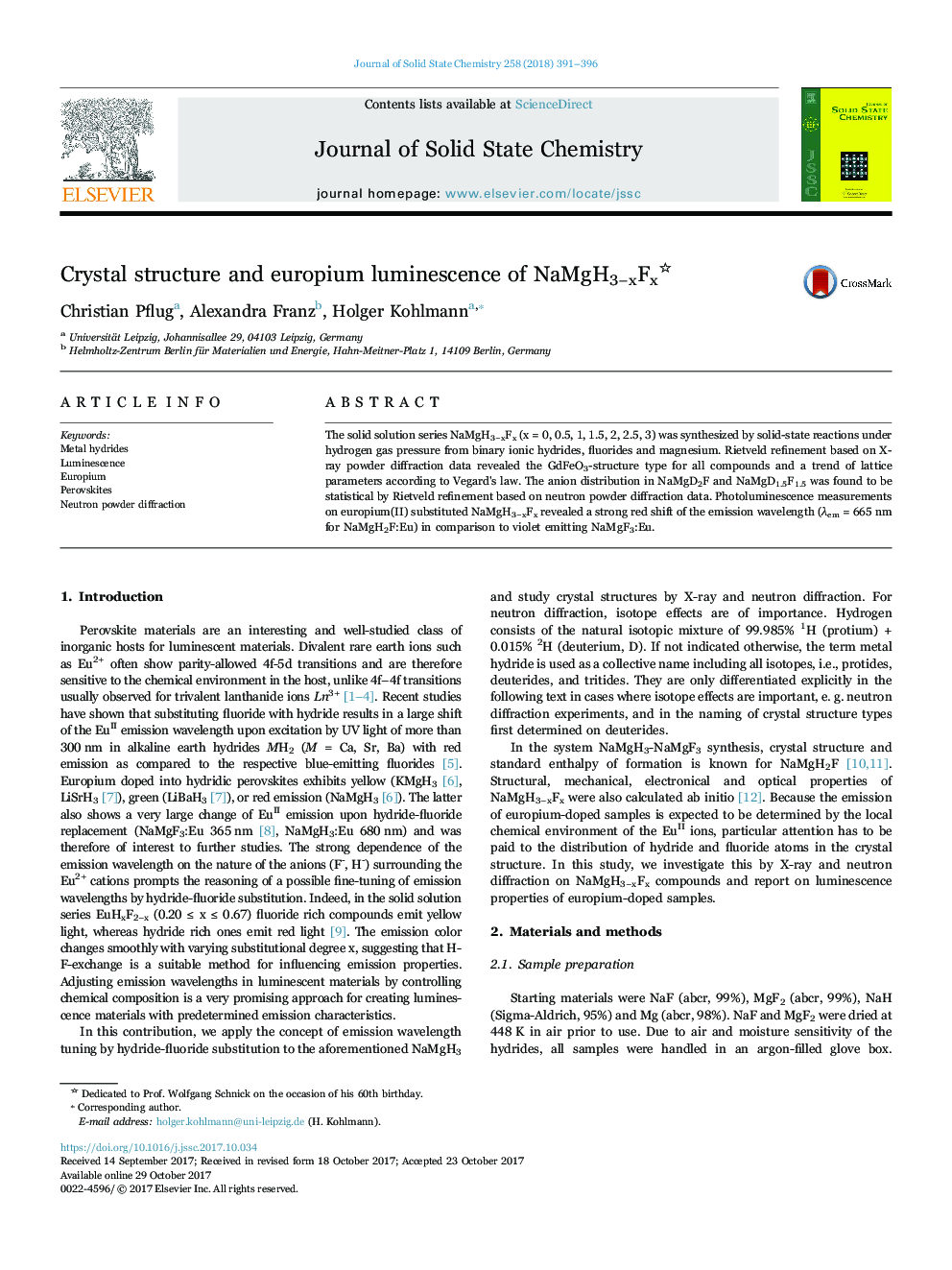 Crystal structure and europium luminescence of NaMgH3âxFx