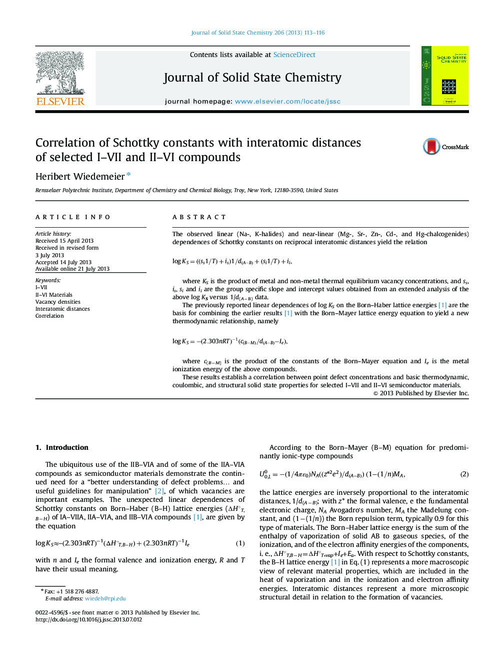 Correlation of Schottky constants with interatomic distances of selected I-VII and II-VI compounds