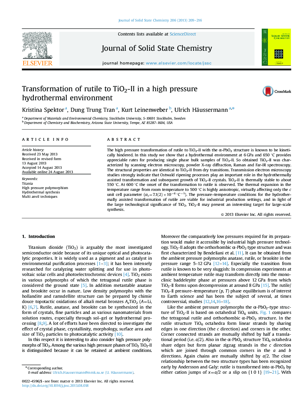 Transformation of rutile to TiO2-II in a high pressure hydrothermal environment