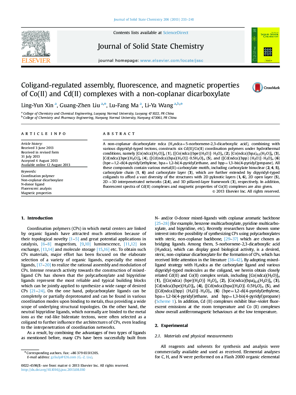 Coligand-regulated assembly, fluorescence, and magnetic properties of Co(II) and Cd(II) complexes with a non-coplanar dicarboxylate