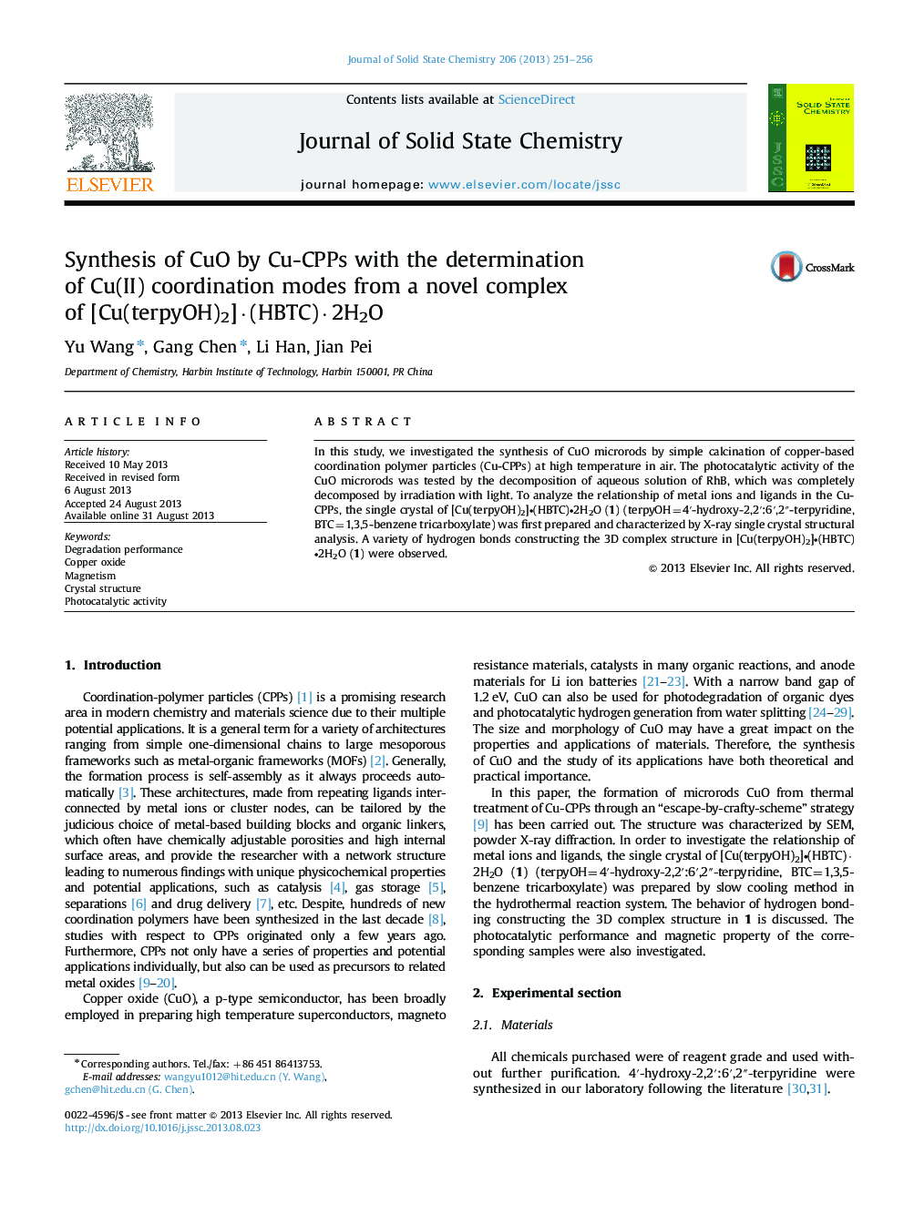 Synthesis of CuO by Cu-CPPs with the determination of Cu(II) coordination modes from a novel complex of [Cu(terpyOH)2]Â·(HBTC)Â·2H2O