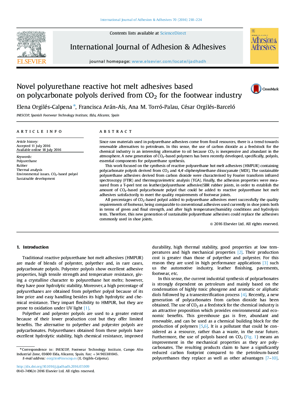 Novel polyurethane reactive hot melt adhesives based on polycarbonate polyols derived from CO2 for the footwear industry