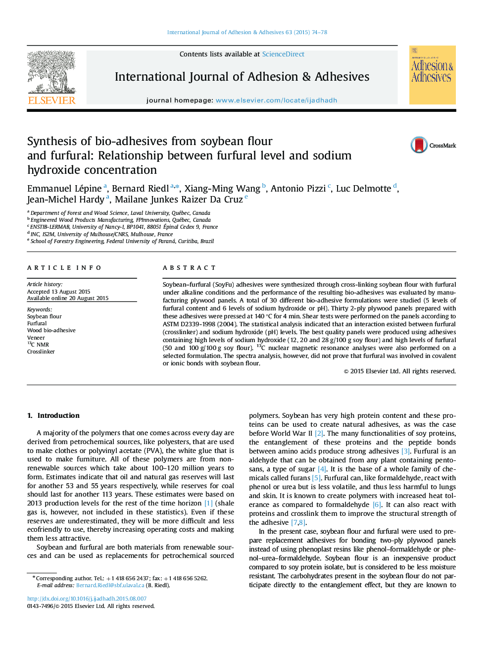 سنتز زیستی چسبندگی از آرد سویا و فورفورال: رابطه سطح فرسفورل و غلظت هیدروکسید سدیم 