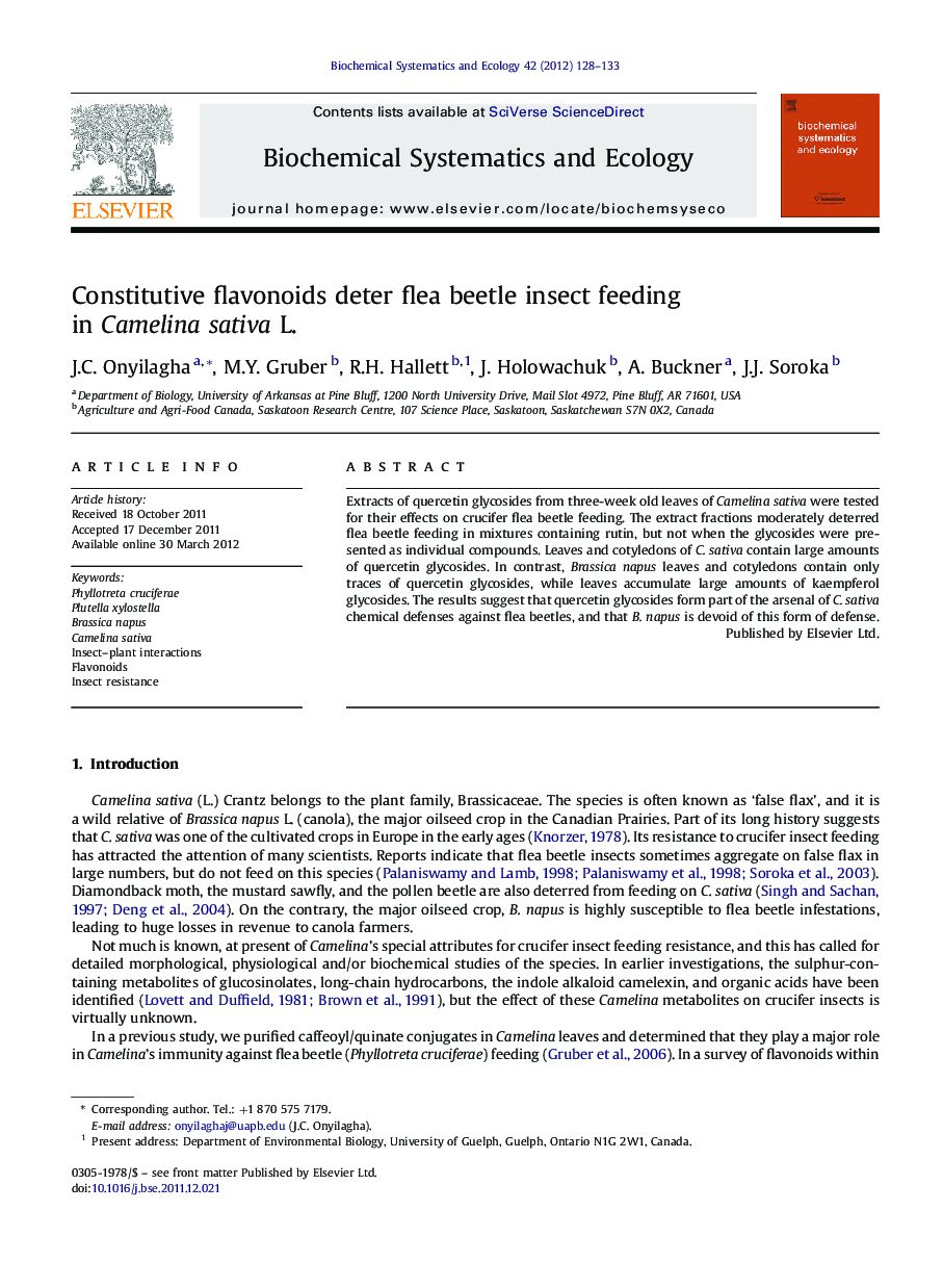 Constitutive flavonoids deter flea beetle insect feeding in Camelina sativa L.