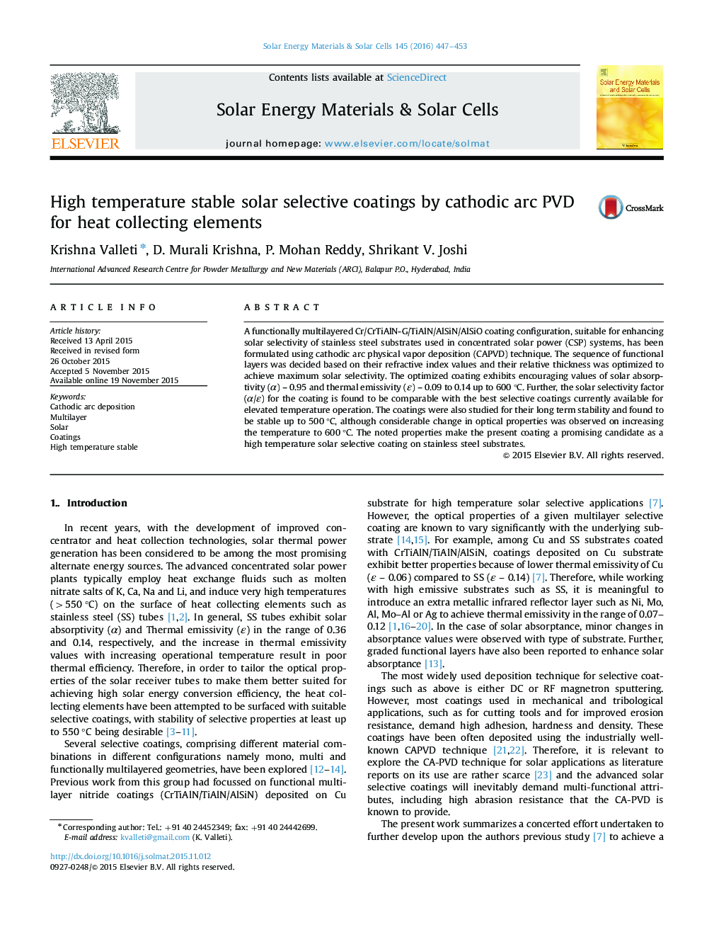 High temperature stable solar selective coatings by cathodic arc PVD for heat collecting elements