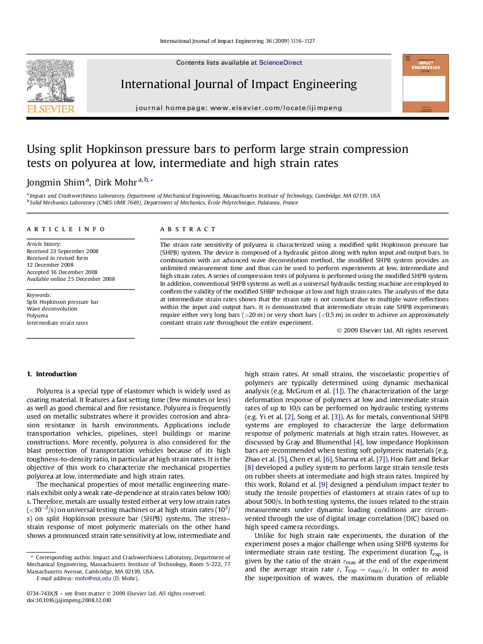 Using split Hopkinson pressure bars to perform large strain compression tests on polyurea at low, intermediate and high strain rates