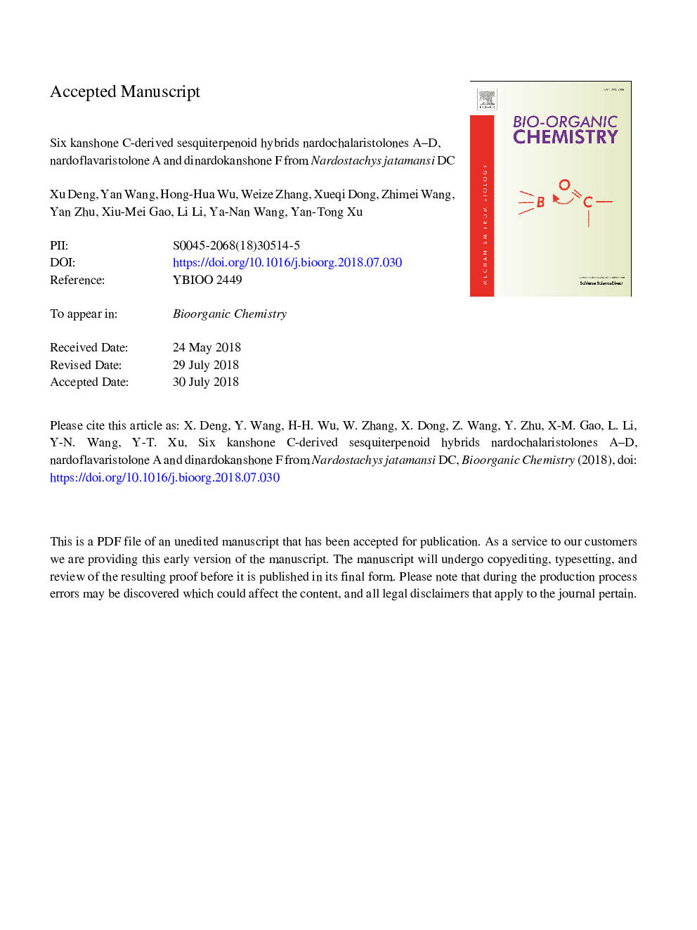 Six kanshone C-derived sesquiterpenoid hybrids nardochalaristolones A-D, nardoflavaristolone A and dinardokanshone F from Nardostachys jatamansi DC.