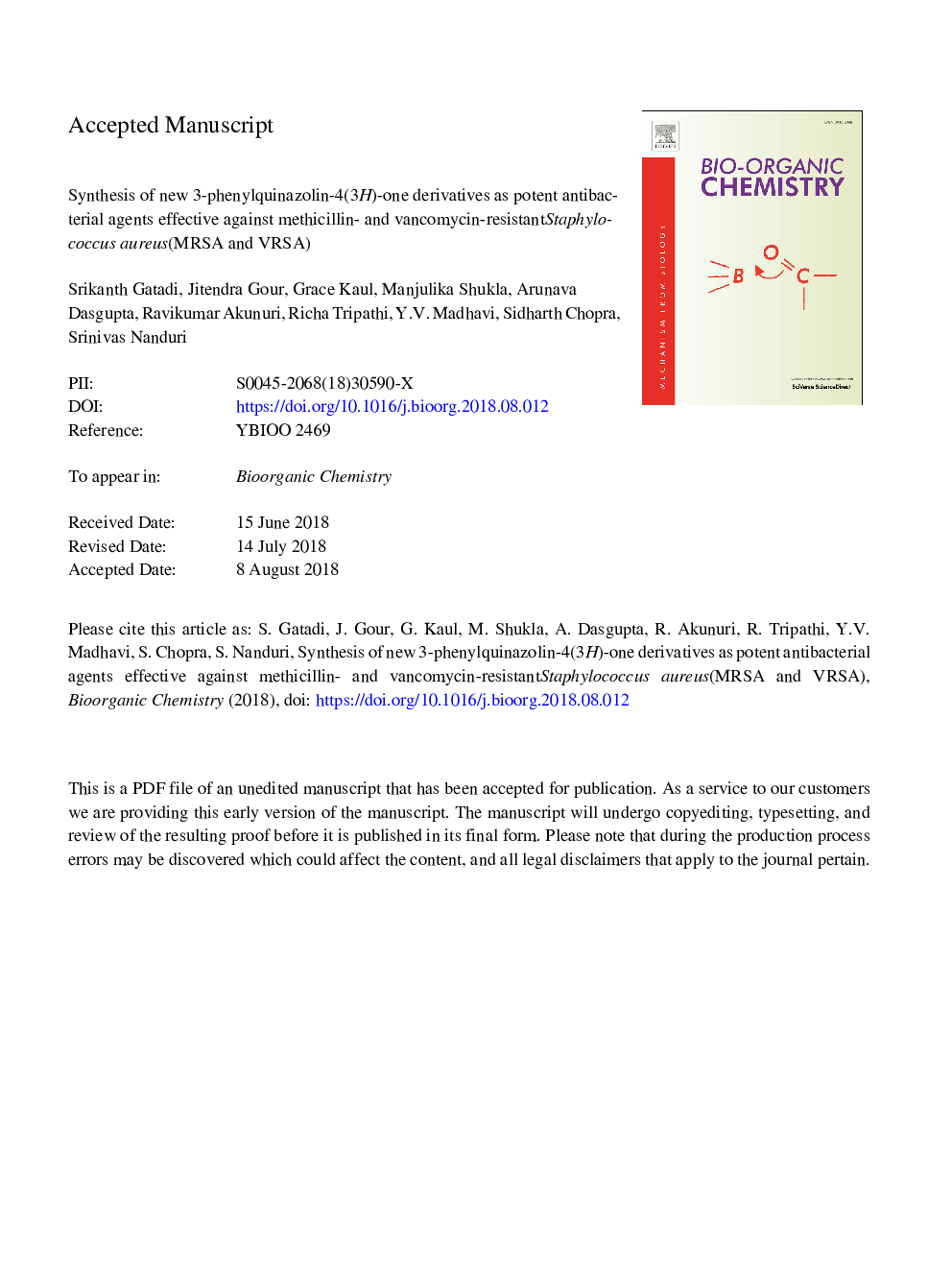 Synthesis of new 3-phenylquinazolin-4(3H)-one derivatives as potent antibacterial agents effective against methicillin- and vancomycin-resistant Staphylococcus aureus (MRSA and VRSA)