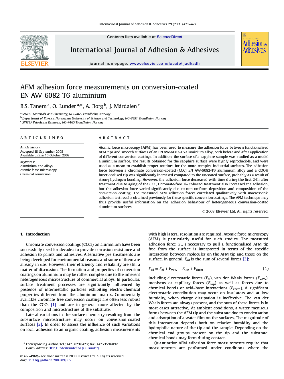 AFM adhesion force measurements on conversion-coated EN AW-6082-T6 aluminium