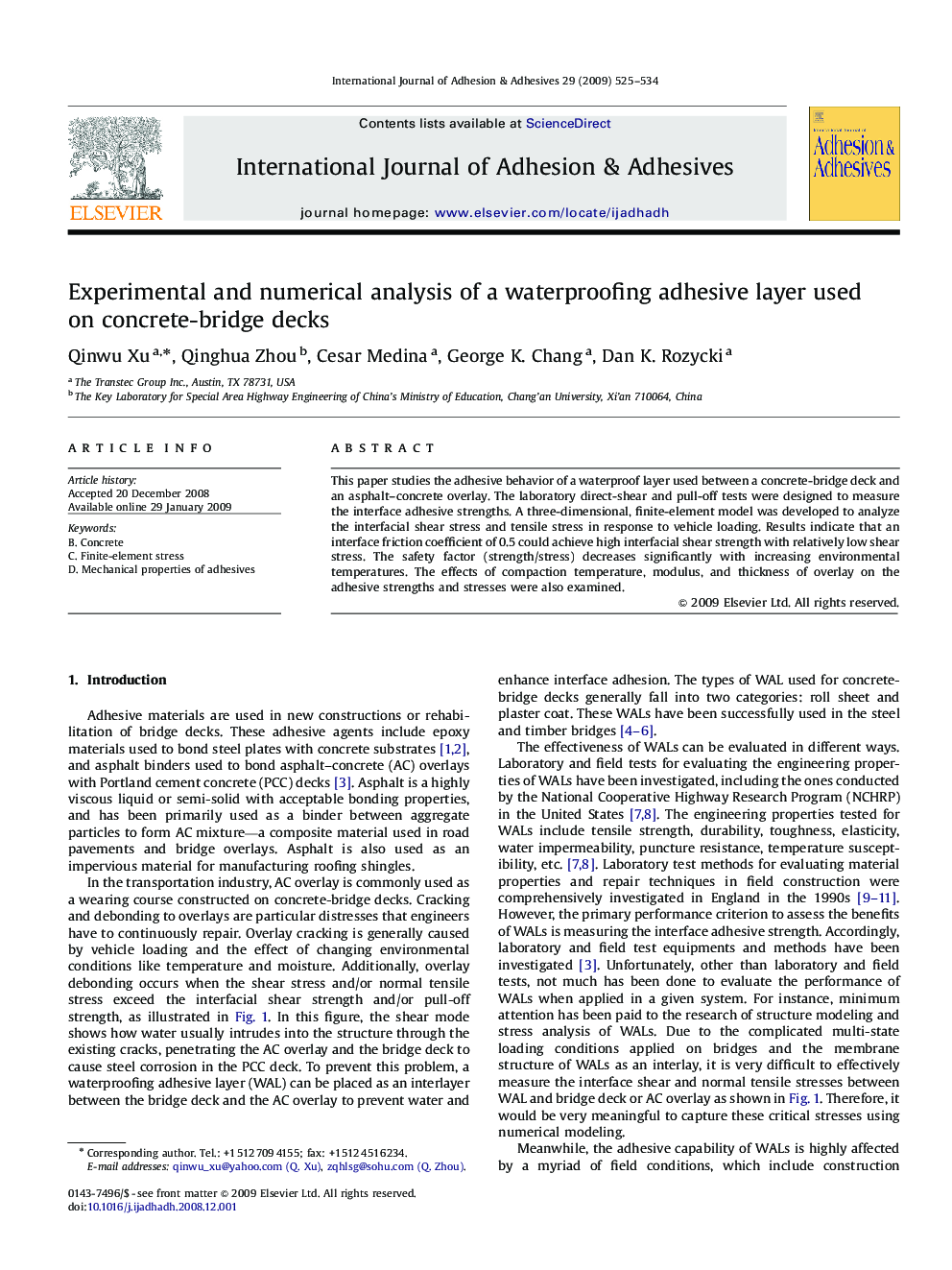 Experimental and numerical analysis of a waterproofing adhesive layer used on concrete-bridge decks