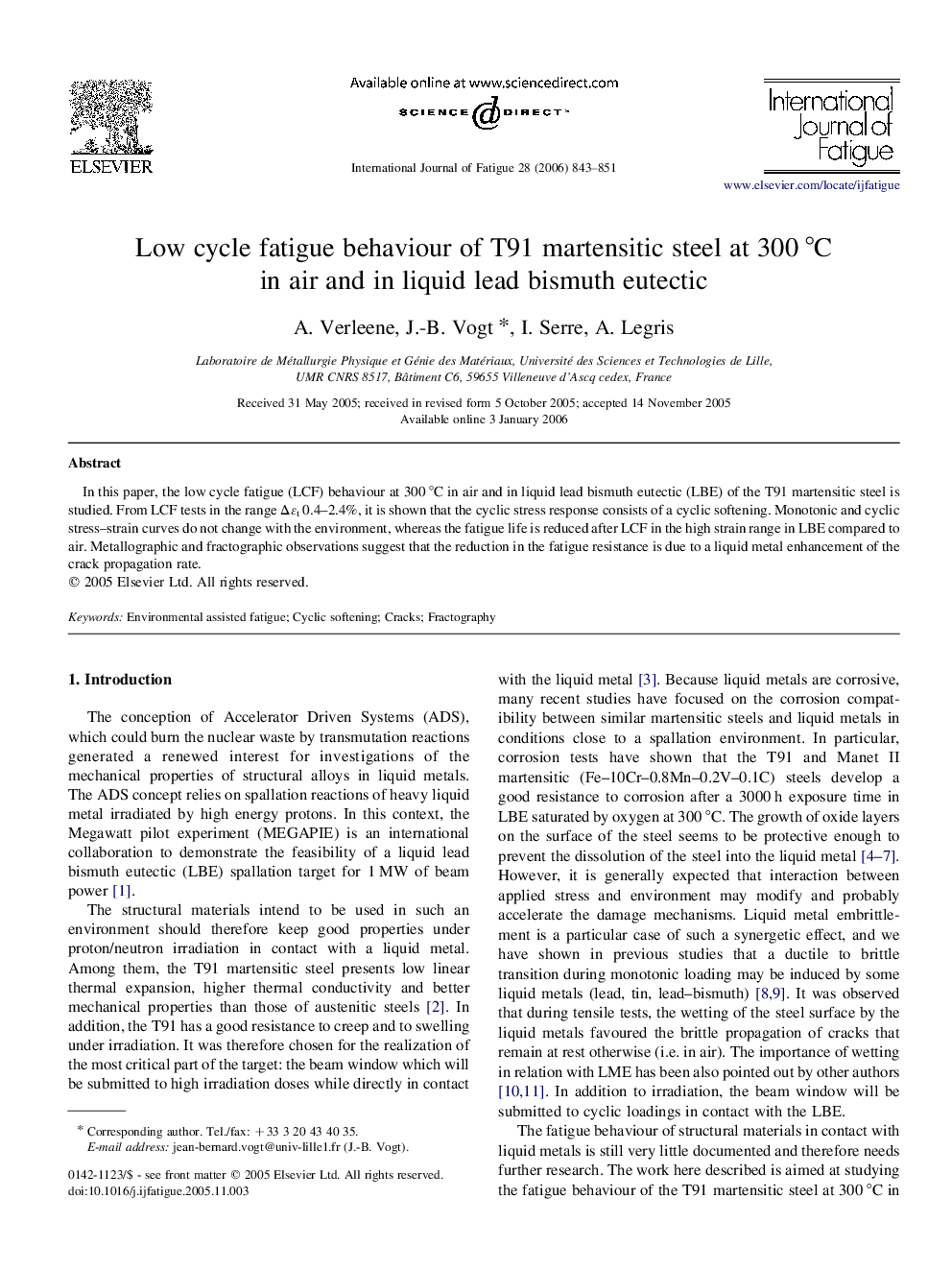 Low cycle fatigue behaviour of T91 martensitic steel at 300 °Cin air and in liquid lead bismuth eutectic