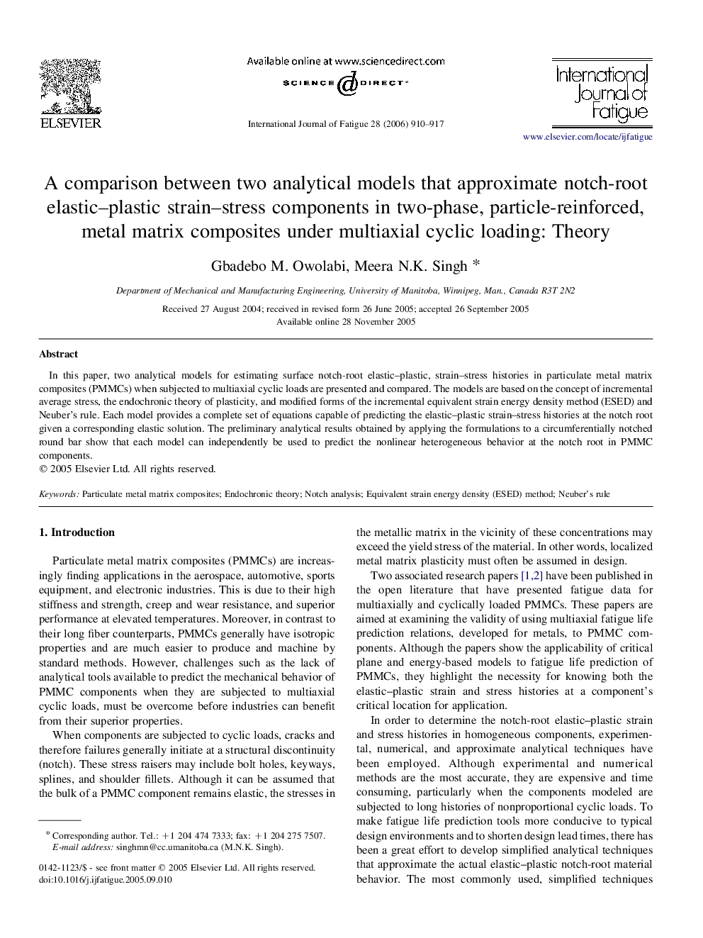 A comparison between two analytical models that approximate notch-root elastic–plastic strain–stress components in two-phase, particle-reinforced, metal matrix composites under multiaxial cyclic loading: Theory