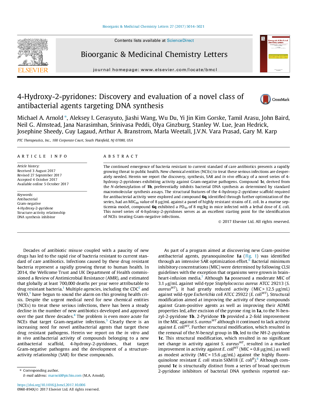 4-Hydroxy-2-pyridones: Discovery and evaluation of a novel class of antibacterial agents targeting DNA synthesis