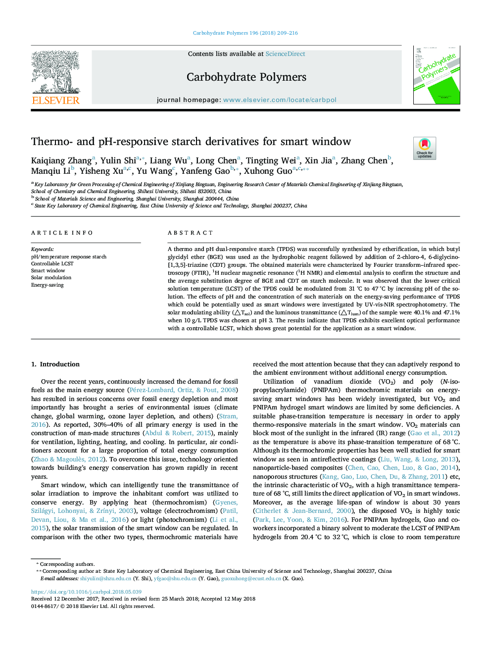 Thermo- and pH-responsive starch derivatives for smart window