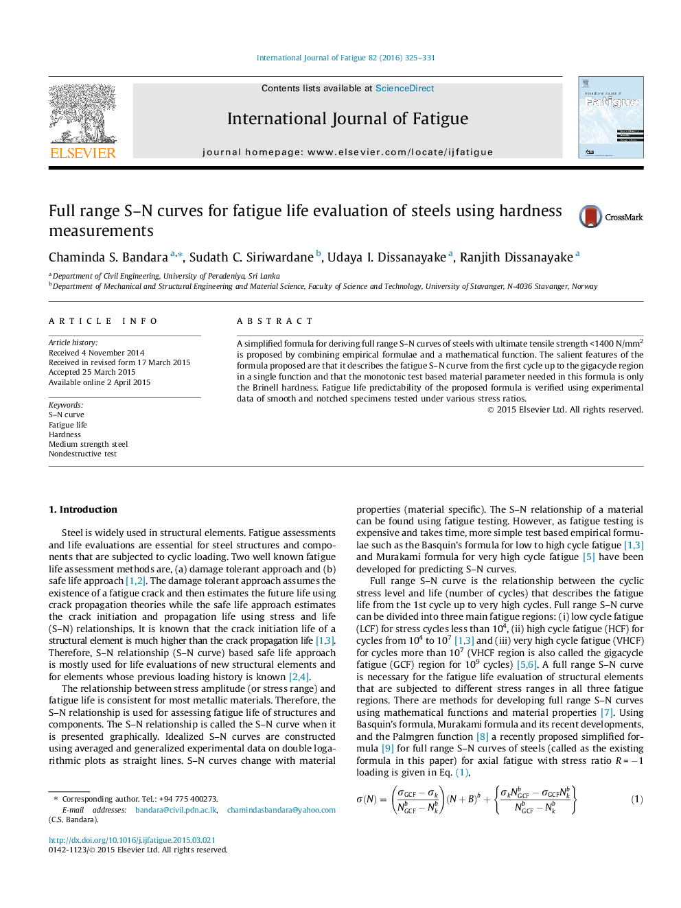 Full range S–N curves for fatigue life evaluation of steels using hardness measurements