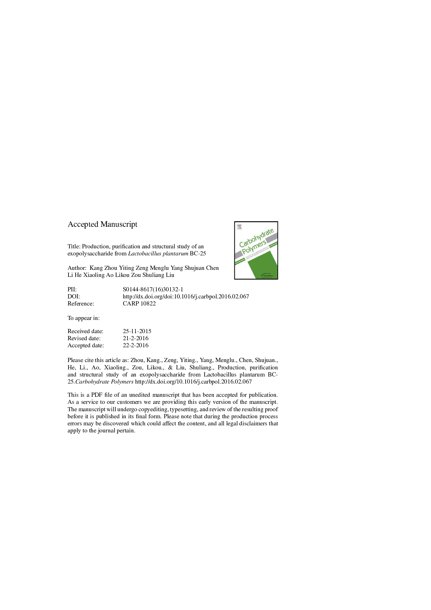 Production, purification and structural study of an exopolysaccharide from Lactobacillus plantarum BC-25