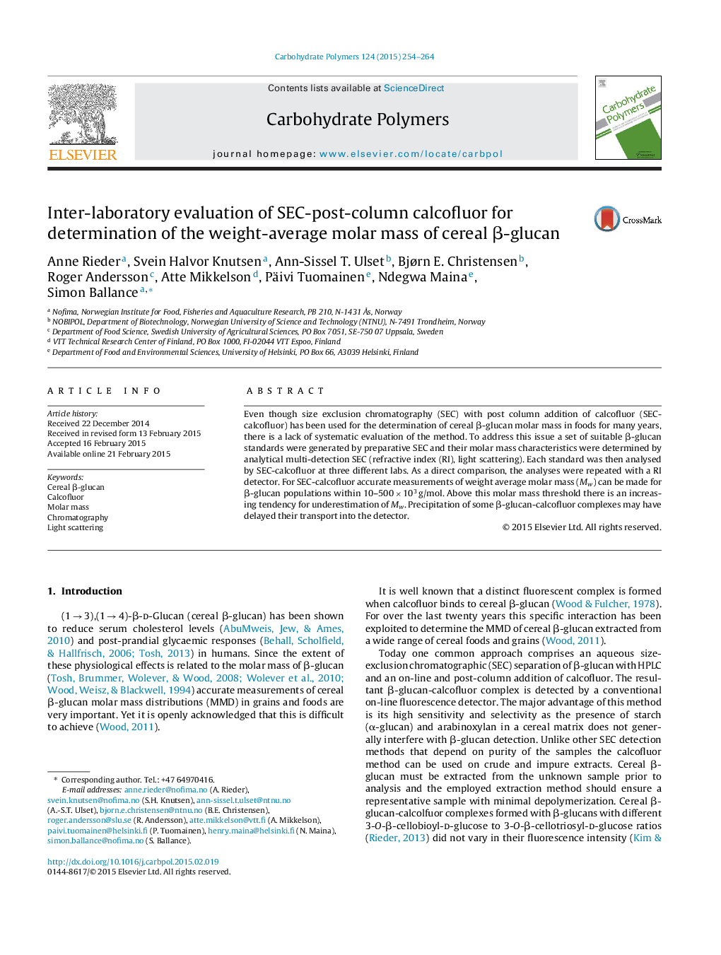 Inter-laboratory evaluation of SEC-post-column calcofluor for determination of the weight-average molar mass of cereal Î²-glucan