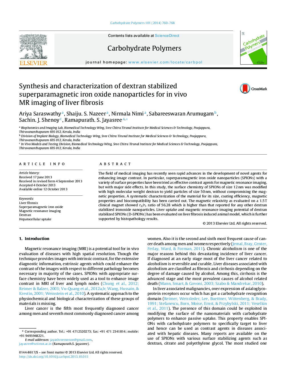 Synthesis and characterization of dextran stabilized superparamagnetic iron oxide nanoparticles for in vivo MR imaging of liver fibrosis