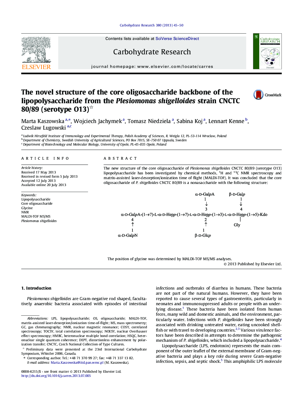 The novel structure of the core oligosaccharide backbone of the lipopolysaccharide from the Plesiomonas shigelloides strain CNCTC 80/89 (serotype O13)