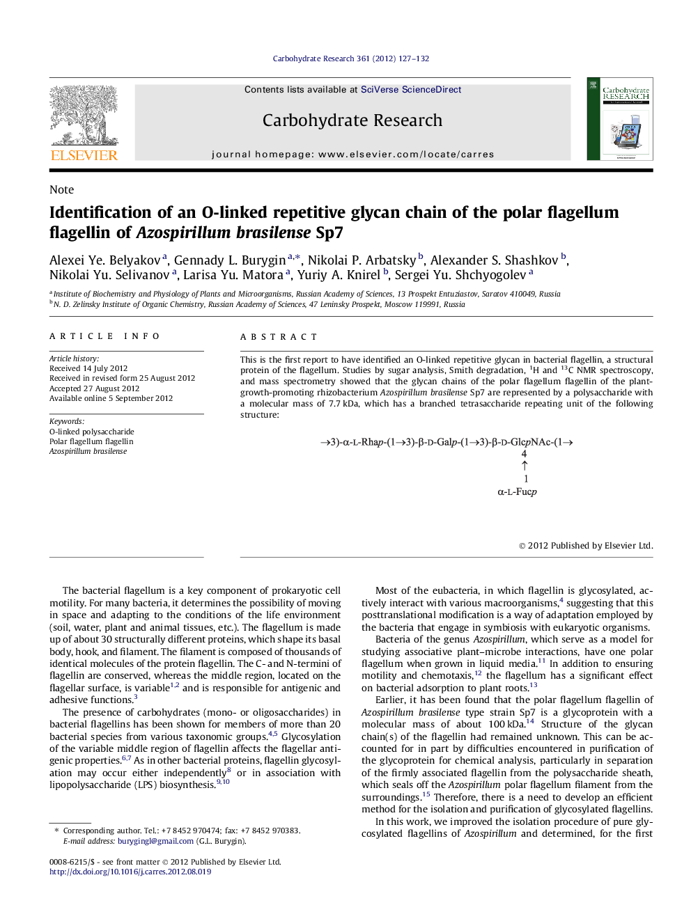 Identification of an O-linked repetitive glycan chain of the polar flagellum flagellin of Azospirillum brasilense Sp7