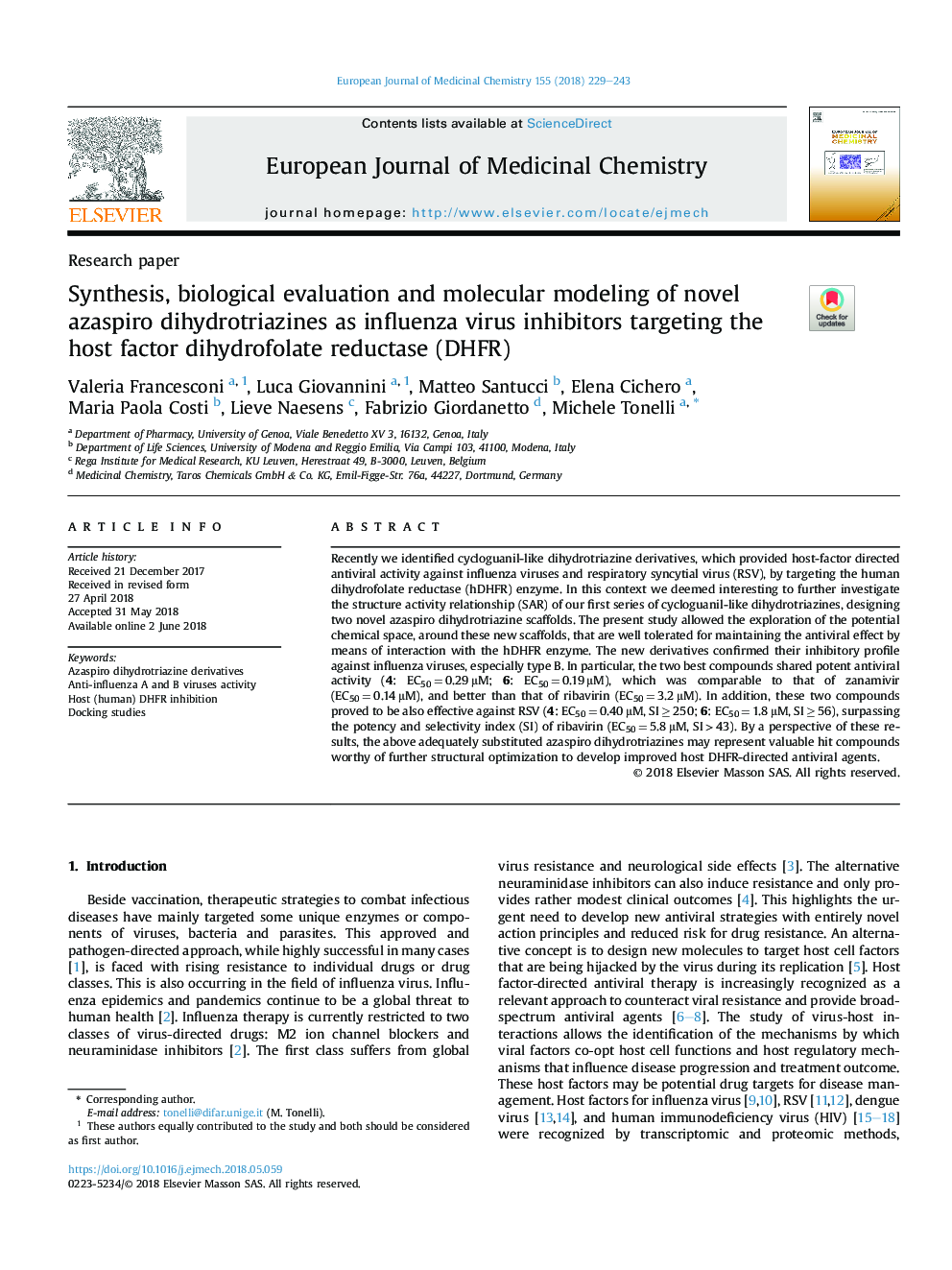 Synthesis, biological evaluation and molecular modeling of novel azaspiro dihydrotriazines as influenza virus inhibitors targeting the host factor dihydrofolate reductase (DHFR)