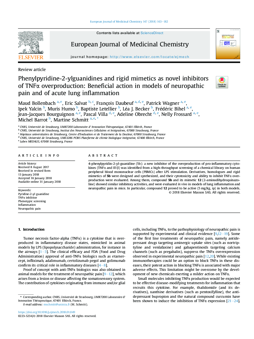 Phenylpyridine-2-ylguanidines and rigid mimetics as novel inhibitors of TNFÎ± overproduction: Beneficial action in models of neuropathic pain and of acute lung inflammation