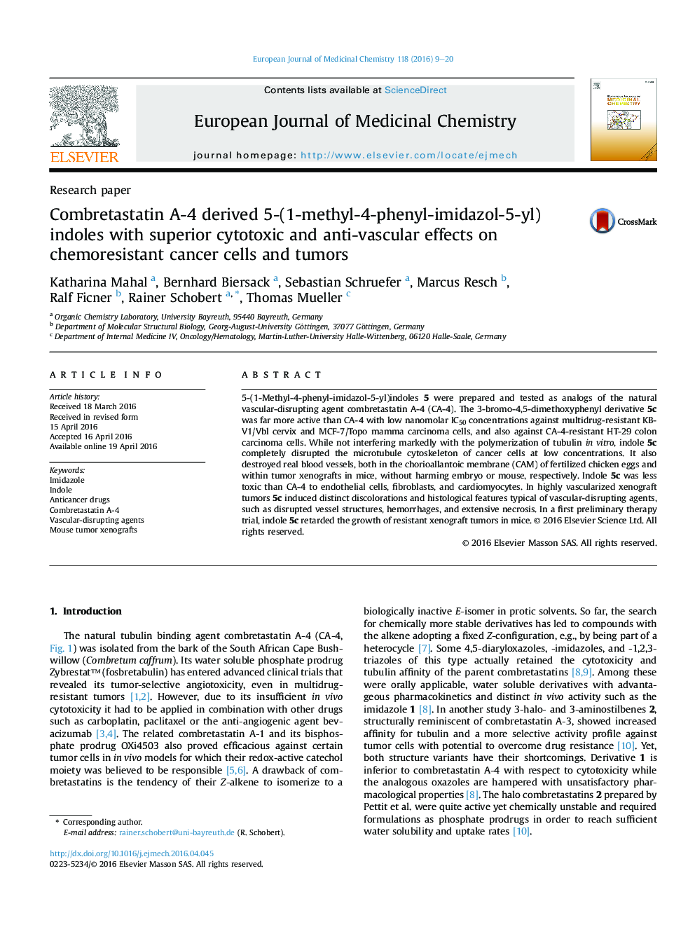 Combretastatin A-4 derived 5-(1-methyl-4-phenyl-imidazol-5-yl)indoles with superior cytotoxic and anti-vascular effects on chemoresistant cancer cells and tumors